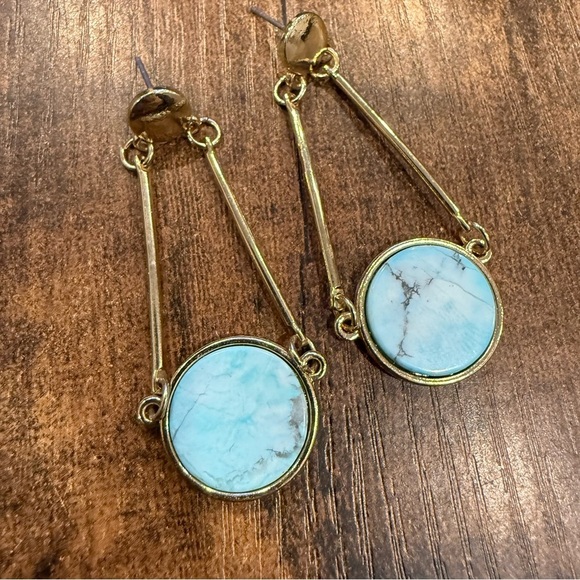 Turquoise Crystal Gold and Blue Dangle Stud Earrings - Picture 3 of 5